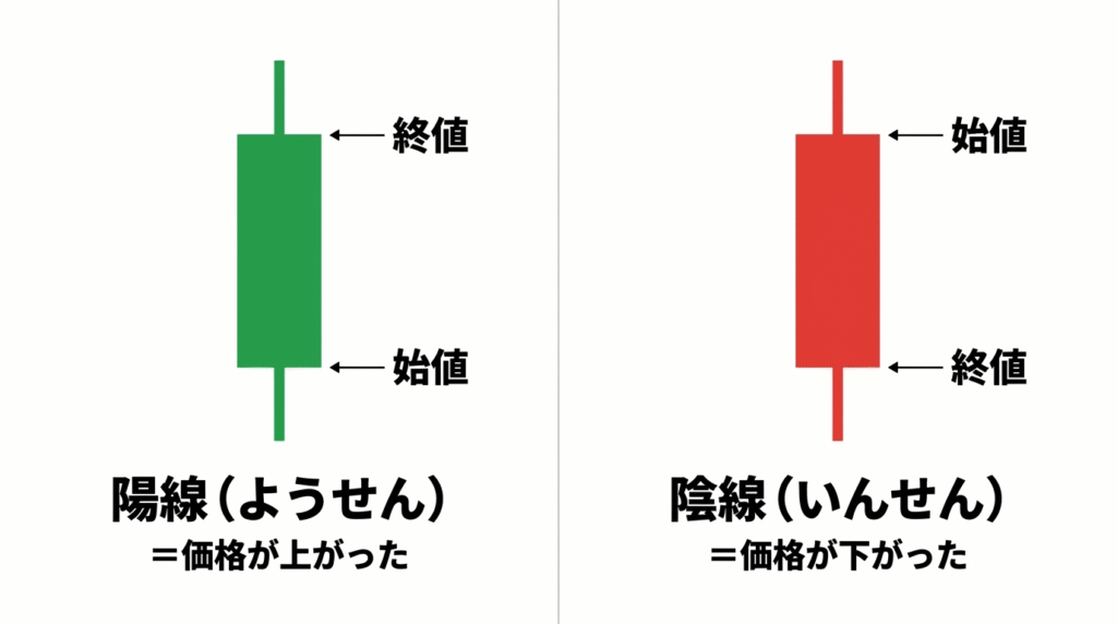 陽線と陰線の比較図：始値と終値の位置が逆になることを示した図解