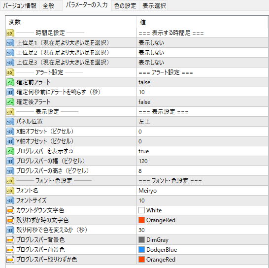 ローソク足の残り時間カウントダウンインジケーターのパラメータ ローソク足の残り時間カウントダウンインジケーターのパラメータ