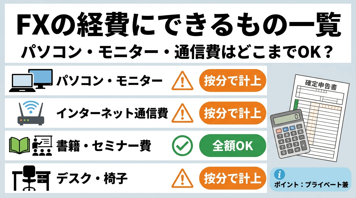 FXの経費にできるもの一覧｜パソコン・モニター・通信費はどこまでOK？