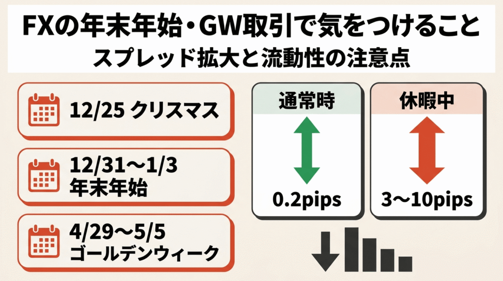 FXの年末年始・GW取引で気をつけること｜スプレッド拡大と流動性の注意点