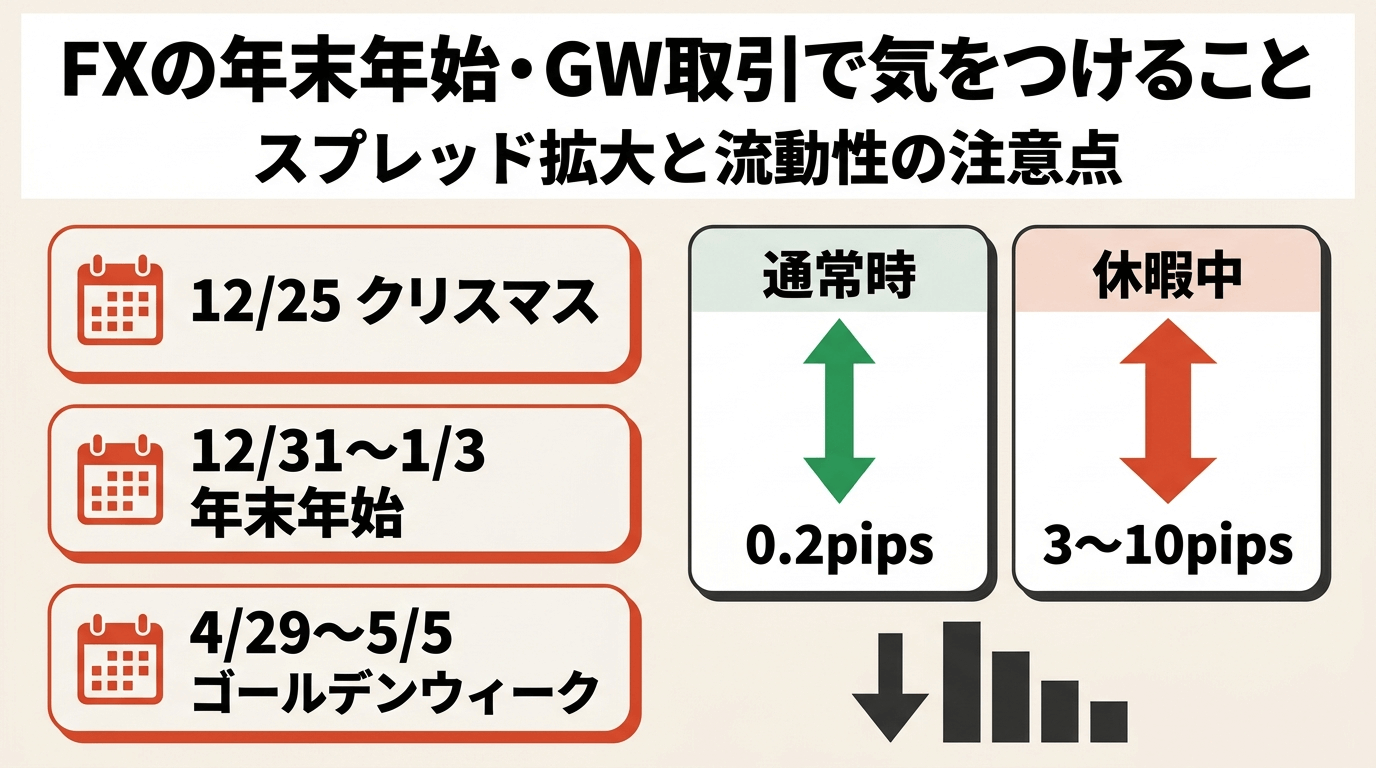 FXの年末年始・GW取引で気をつけること｜スプレッド拡大と流動性の注意点