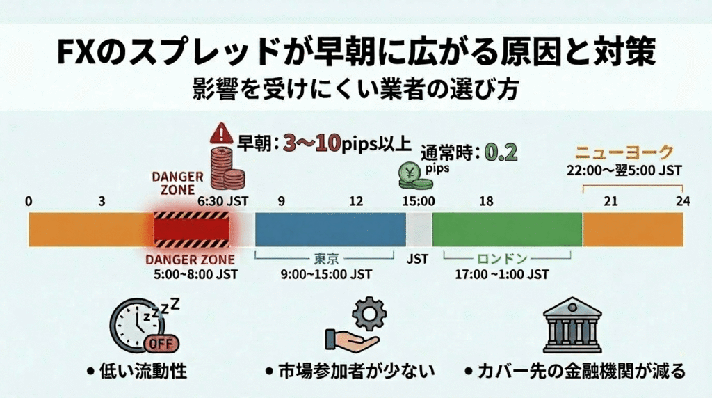 FXのスプレッドが早朝に広がる原因と対策｜影響を受けにくい業者の選び方