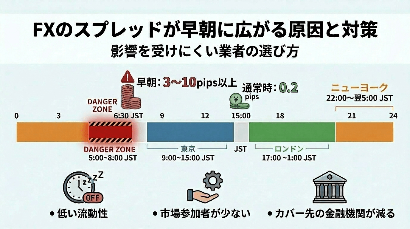 FXのスプレッドが早朝に広がる原因と対策|影響を受けにくい業者の選び方